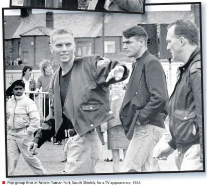  ??  ?? Pop group Bros at Arbeia Roman Fort, South Shields, for a TV appearance, 1988