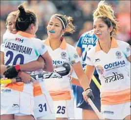  ??  ?? ■ Goals by Lalremsiam­i, Neha Goyal and Vandana Katariya helped India beat Italy 30 in the crossover match on Tuesday. HOCKEY INDIA