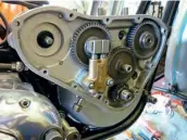  ??  ?? Morgo oil pump replaces the Triumph original, driven by the inlet cam