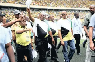 ??  ?? PRESIDENT Cyril Ramaphosa with some of the delegates at the launch of the ANC manifesto at the Moses Mabhida Stadium on Saturday. For Ramaphosa, the stakes were high as he was on Zuma’s home turf in KZN, says the writer.