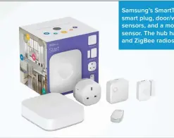  ??  ?? Samsung’s SmartThing­s hub, smart plug, door/window sensors, and a motion sensor. The hub has Z-Wave and ZigBee radios inside