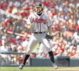  ?? JEFF ROBERSON / AP ?? Starting pitcher R.A. Dickey pumps his fist after getting the Cardinals’ Matt Carpenter to ground out in the seventh inning of Sunday’s 6-3 win in St. Louis.