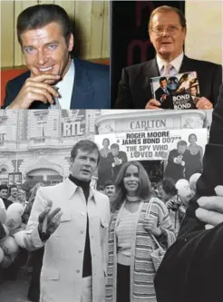  ??  ?? From top left, clockwise: Sir Roger Moore in 1968; Moore in 2012 with his book, Bond on Bond; Moore with The Spy Who Loved Me co-star Barbara Bach at Cannes Film Festival in 1977.