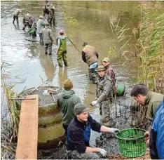  ?? Fotos: Xaver Habermeier ?? Von einer Hand zur anderen wurden die Körbe mit den Fischen aus dem Doferhof Weiher an Land gebracht.