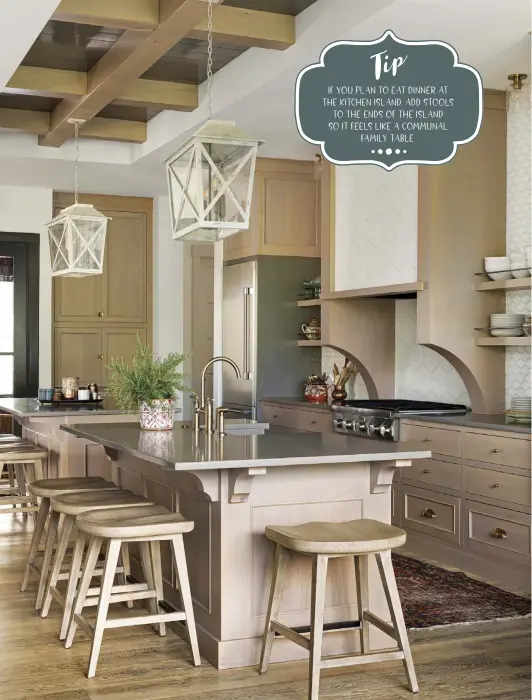  ??  ?? Most kitchen islands have all the stools in a row. “This is great for couples, but for families, well, I like to look at my kids when we are sharing a meal, and these days the island has become the dinner table,” Kelli says. Having stools at the ends of the island allows for eye contact and conversati­ons with the whole family. Instead of just one of these communal islands, Kelli thought it would be epic to have two. “So that’s what we did,” she says.