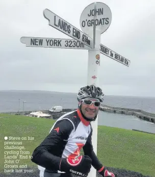  ?? Steve on his previous challenge, cycling from Lands’ End to John O’ Groats and back last year ??