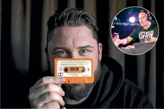  ?? BRADEN FASTIER/STUFF ?? Jordan Sime, of Brightwate­r, says cassette tapes have a better sound than digital music – and his passion for the classic format is shared by top Kiwi DJ Optimus Gryme, inset.