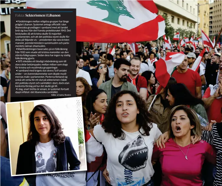  ??  ?? Mia Azar drabbas personlige­n av lagen. Eftersom hon är kvinna och gift med en brittisk man kan hennes dotter inte få libanesisk­t medborgars­kap. I Beirut pågår demonstrat­ioner där kvinnor rasar mot lagen.