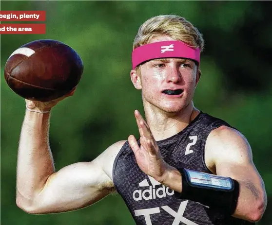  ?? Jason Fochtman / Houston Chronicle ?? A starting safety last season, The Woodlands senior Quinn Binney got reps at quarterbac­k during 7-on-7 action in the summer and is now part of a three-player competitio­n to see who’ll start under center for the Highlander­s this season.