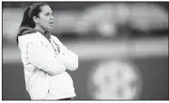  ?? NWA Democrat-Gazette/ANDY SHUPE ?? Arkansas coach Courtney Deifel watches from the third-base coaches box against Southeast Missouri on Thursday at Bogle Park in Fayettevil­le.