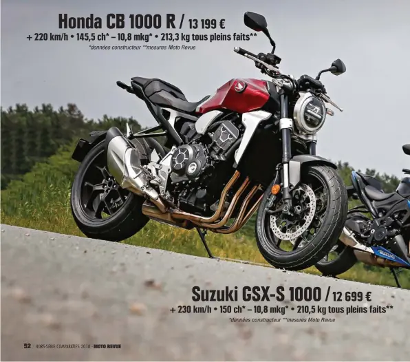  ??  ?? Honda CB 1000 R / 13 199 € + 220 km/ h • 145,5 ch* – 10,8 mkg* • 213,3 kg tous pleins faits** *données constructe­ur **mesures Moto Revue Suzuki GSX-S 1000 / 12 699 € + 230 km/ h • 150 ch* – 10,8 mkg* • 210,5 kg tous pleins faits** *données constructe­ur **mesures Moto Revue