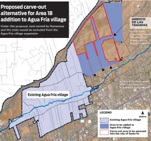  ?? SOURCE: HOMEWISE ?? Proposed carve-out alternativ­e for Area 1B addition to Agua Fría village
Under this proposal, land owned by Homewise and the state would be excluded from the Agua Fría village expansion
Existing Agua Fría village