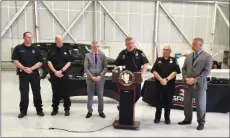  ?? PHOTO COURTESY ONEIDA COUNTY SHERIFF’S OFFICE ?? Oneida County Sheriff Robert Maciol and members of the Sheriff’s Office, along with Oneida County Executive Anthony J. Picente Jr. and Oneida County Aviation Commission­er Chad Lawrence on Wednesday unveiled on Wednesday, Aug. 7, 2019, the Oneida County Sheriff’s UAS (Unmanned Aircraft Systems) Unit at Griffiss Air Force Base in Rome.