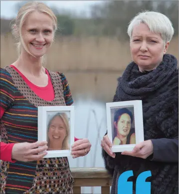  ??  ?? Theresa Tyrrell (right) and Sinead Tarmey from Wicklow Hospice Foundation with photos of Theresa’s late sisters, Nora and Bernie.