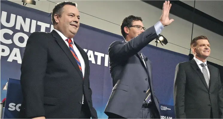  ?? ED KAISER / POSTMEDIA ?? United Conservati­ve Party leadership candidates, from left, Jason Kenney, Doug Schweitzer and Brian Jean. Whatever the outcome, Alberta is in an angry mood.