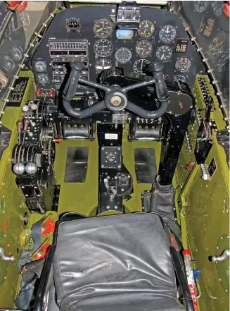  ??  ?? A distinctiv­e feature of the Lockheed P-38 Lightning’s cockpit is the use of a control yoke instead of the control stick more commonly used in most fighter planes. (Photo by Frank B. Mormillo)