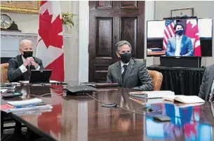  ?? EVAN VUCCI THE ASSOCIATED PRESS ?? U.S. President Joe Biden and Secretary of State Antony Blinken listen as Prime Minister Justin Trudeau speaks during a bilateral meeting, in the Roosevelt Room of the White House Tuesday.