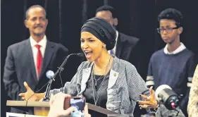  ??  ?? Party time: Far left, Democratic congressio­nal candidate Alexandria OcasioCort­ez greets supporters at her election night party in New York. Left, above, Democratic congressio­nal candidate Ilhan Omar speaks at her election night party in Minneapoli­s. Below, Democratic congressio­nal candidate Rashida Tlaib celebrates with her mother.