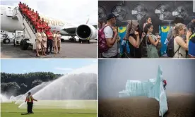  ??  ?? Clockwise from top left: the Arsenal squad pose for a picture on the steps of their plane; tennis fans stand in a line next to water fans during the Australian Open; Will Gadd ice climbing near the summit of Mount Kilimanjar­o; sprinklers are turned on following an ICC U19 Cricket World Cup match. Composite: Getty Images, EPA, Red Bull