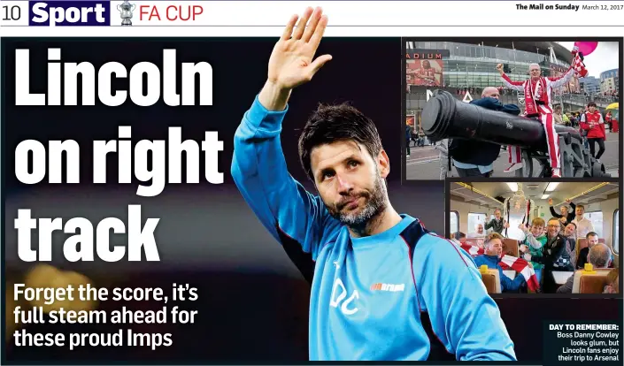  ??  ?? DAY TO REMEMBER: Boss Danny Cowley looks glum, but Lincoln fans enjoy their trip to Arsenal