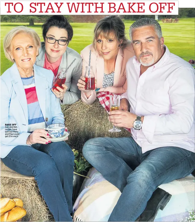  ??  ?? RAKE OFF Sue and Mel, centre, have quit but Mary and Paul could get £1m each
