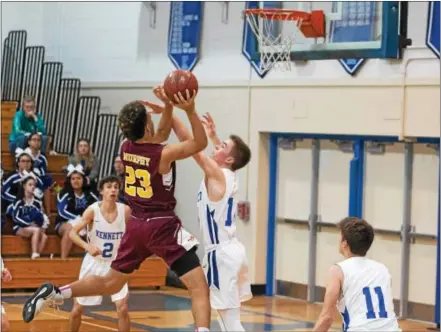  ?? MICHAEL REEVES — FOR DIGITAL FIRST MEDIA ?? Destin Murphy of Avon Grove shoots over Kennett’s Mitch Kosara during Saturday’s nonleague contest.