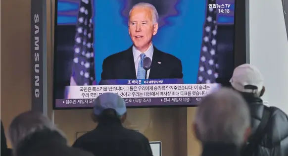  ?? AFP ?? Joe Biden during a TV broadcast in South Korea. He has pledged $2tn over the next four years to help with US energy transition plans