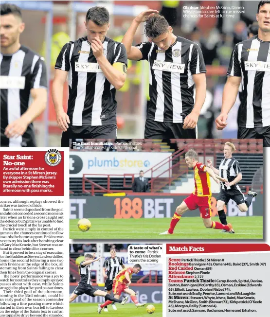  ??  ?? The final humiliatio­n Partick Thistle’s Blair Spittal scores his side’s fifth goal A taste of what’s to come Partick Thistle’s Kris Doolan opens the scoring Oh dear Score Bookings Red Carded Referee Attendance Teams Partick Thistle: St Mirren: