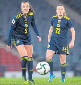  ?? ?? Caroline Weir (left) and Erin Cuthbert during the World Cup qualifier against Spain in April