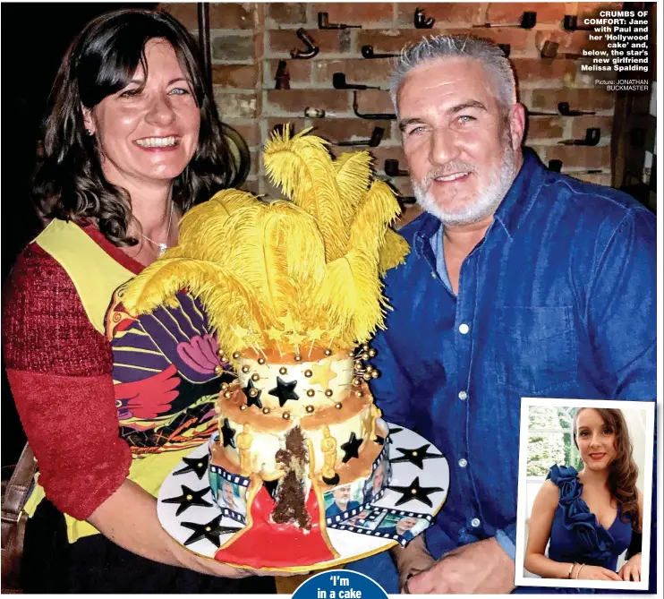  ?? Picture: JONATHAN BUCKMASTER ?? CRUMBS OF COMFORT: Jane with Paul and her ‘Hollywood cake’ and, below, the star’s new girlfriend Melissa Spalding