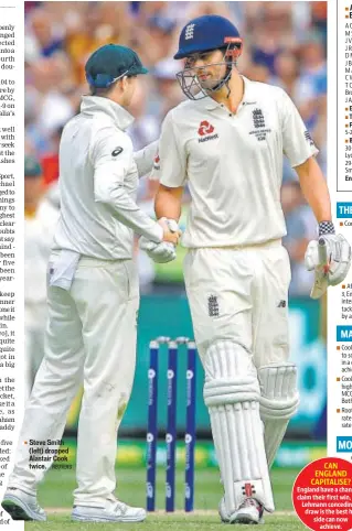  ?? REUTERS ?? ▪ Steve Smith (left) dropped Alastair Cook twice.