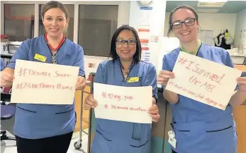  ??  ?? HASHTAG MUCH Helen Watson makes light of crisis with fellow staff nurses Louise and Imelda in Paisley