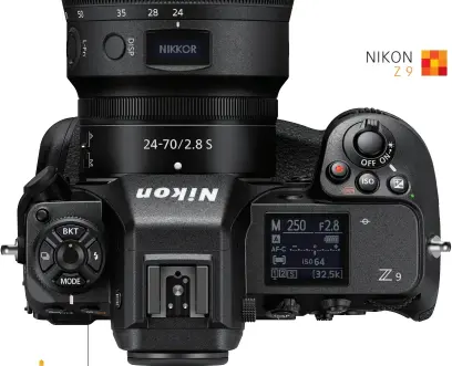  ?? ?? Top panel layout has similariti­es with that of Nikon’s most recent pro DSLRs.