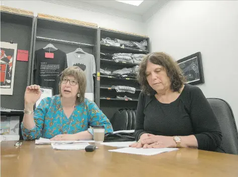  ?? LIAM RICHARDS ?? Cindy Hanson, left, and JoAnn Jaffe say STC has establishe­d a culture of safety that exceeds what is required by the Highway Traffic Board, and they are pushing to see the provincewi­de service retained. They made the point at a media event for the Save...