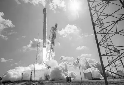  ?? SPACEX ?? A SpaceX Falcon 9 reusable rocket lifts off, carrying the ABS/Eutelsat-2 satellite from the Kennedy Space Center in Cape Canaveral in 2016. NASA Administra­tor Jim Bridenstin­e wants the agency to consider selling naming rights to its rockets and spacecraft.