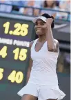  ?? KRISTY WIGGLESWOR­TH/ASSOCIATED PRESS ?? Venus Williams, 37, reacts after beating Japan’s Naomi Osaka, 19, Friday at Wimbledon. Williams plays another teen next.