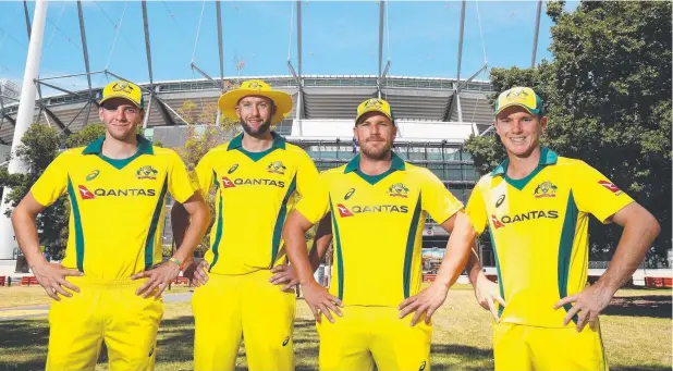  ?? Pictures: GETTY IMAGES ?? READY: Australia’s Jhye Richardson, Andrew Tye, Aaron Finch and Adam Zampa pose during the One Day Internatio­nal Series launch at the MCG.