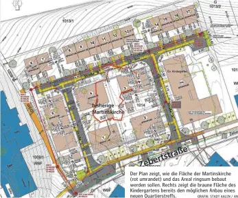  ?? GRAFIK: STADT AALEN / AN ?? Der Plan zeigt, wie die Fläche der Martinskir­che (rot umrandet) und das Areal ringsum bebaut werden sollen. Rechts zeigt die braune Fläche des Kindergart­ens bereits den möglichen Anbau eines neuen Quartierst­reffs.