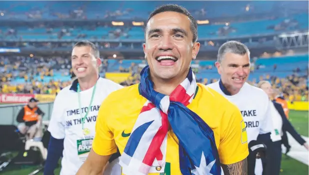  ?? Picture: GETTY ?? CUP FOCUS: Tim Cahill, pictured celebratin­g Wednesday’s World Cup Qualifiers win against Honduras, has said he needs more game time to prepare for 2018.