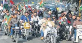  ?? KARUN SHARMA/HT ?? Haryana Pradesh Congress Committee president Ashok Tanwar with party workers during a bike rally in Chandigarh on Sunday. He also participat­ed in a similar rally in Karnal.