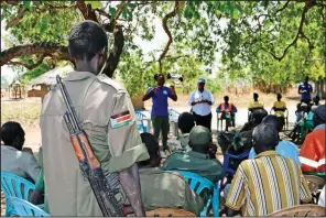  ?? AP/SAM MEDRICK ?? Health workers near Yei, South Sudan, conduct a training presentati­on in February teaching people how to detect and prevent the spread of Ebola. One case of Ebola has been detected near the South Sudan’s border with Congo.