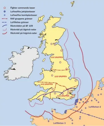  ??  ?? Ovan: De operativa områdena i Fighter Commands fyra grupper och Luftwaffes tre flygflotto­r under Slaget vid Storbritan­nien; Luftflotte 5 flög från Skandinavi­en.
