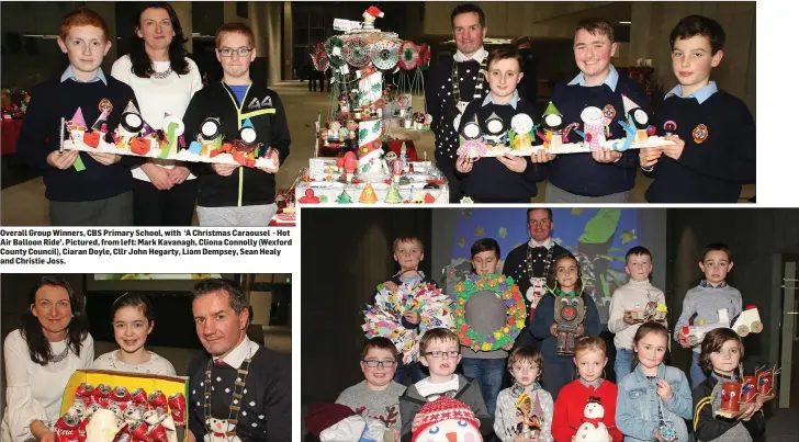  ??  ?? Overall Group Winners, CBS Primary School, with ‘A Christmas Caraousel - Hot Air Balloon Ride’. Pictured, from left: Mark Kavanagh, Cliona Connolly (Wexford County Council), Ciaran Doyle, Cllr John Hegarty, Liam Dempsey, Sean Healy and Christie Joss....