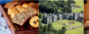  ??  ?? Above, from left: Irish soda bread and other bakes; Ashford Castle; lunch at Castello di Ugento in Puglia; learning to make pasta
