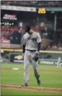  ?? DAVID J. PHILLIP — ASSOCIATED PRESS ?? Corey Kluber walks to the dugout after he was pulled from Game 1 of the ALDS during the fifth inning Oct. 5.