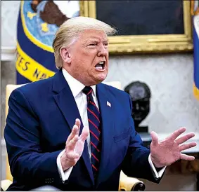  ?? The New York Times/DOUG MILLS ?? President Donald Trump (above photo) lashes out Wednesday at House Democrats during an Oval Office meeting with President Sauli Niinisto of Finland, suggesting that House Intelligen­ce Committee Chairman Adam Schiff (left, in left photo) may have committed treason. Earlier, at a news conference with House Speaker Nancy Pelosi (right), Schiff warned that the White House is flirting with obstructio­n of justice by not cooperatin­g. Pelosi accused the president of an “assault on the Constituti­on,” but said the impeachmen­t inquiry would not stop Congress’ legislativ­e agenda.