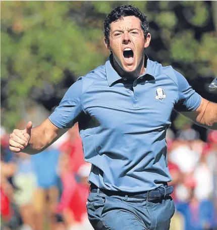  ??  ?? Above: Rory McIlroy roars after holing a 40-foot putt on the eighth hole but it was Patrick Reed, above right, who was celebratin­g on the final green after sealing victory; below: Thomas Pieters, who completed all five matches this week with the best...