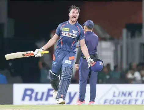  ?? — IPL ?? Lucknow Super Giants’ Marcus Stoinis celebrates after scoring the winning runs against Chennai Super Kings.