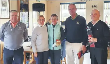  ?? ?? ST PATRICK’S DAY SCRAMBLE: Francis McCarthy (competitio­ns officer), Pauline Mulcahy (club president), with winners Kathleen Alton, Eamon Williams and Jim Cantwell (missing from photo is Will Burke).