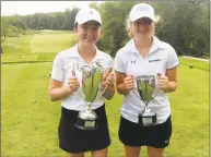  ?? David Fierro / Hearst Connecticu­t Media ?? From left to right, Maryanne Grace of Greenwich Academy and MaryGrace Farrell of Sacred Heart Greenwich, finished first and second, respective­ly at the Caroline Dym ’18 FAA Memorial Tournament held at The Round Hill Club in Greenwich on Monday.